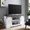 This stylish Farmhouse TV stand brings rustic charm & hidden storage to your living room. Adjustable shelves & cable management keep things tidy
